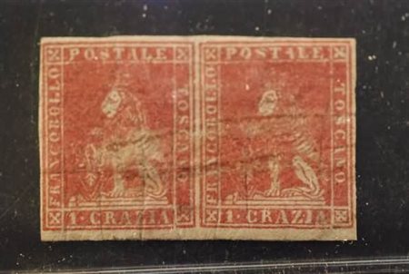 TOSCANA - 1857, 1 cr. carminio (12) coppia con tracce di annullamento a...