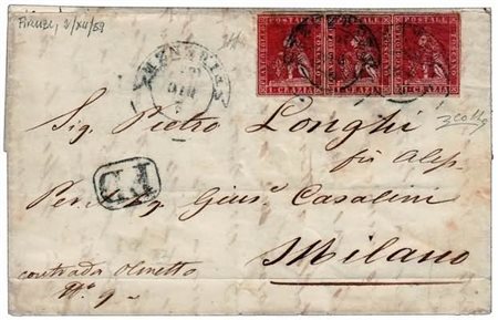 TOSCANA - 1859, 1 cr. carminio chiaro (12a) striscia orizzontale di 3 su...