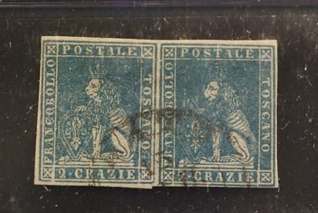 TOSCANA - 1857, 2 cr. azzurro (13) coppia orizzontale ben marginata....