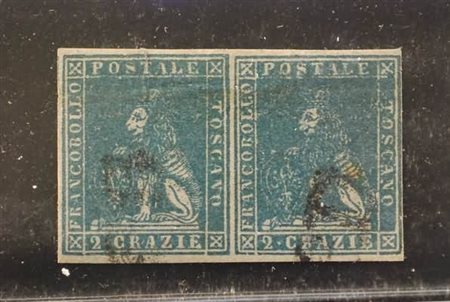 TOSCANA - 1857, 2 cr. azzurro (13) coppia orizzontale ben marginata.. (Em....