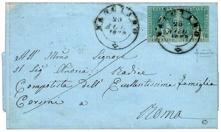TOSCANA - 1859, 2 cr. azzurro (13) coppia orizzontale su lettera da Manciano...