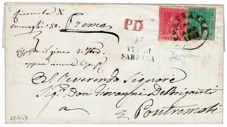 TOSCANA - 1859, 1 cr.carminio (12) + 2 cr. azzurro (13) su lettera da...