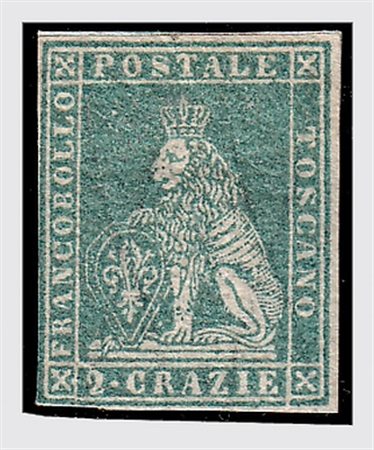 TOSCANA - 1857, 2 cr. azzurro grigio verdastro (13a). (Cert. Colla).(GOMMA...