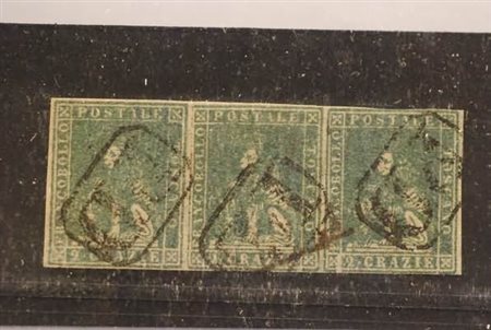 TOSCANA - 1857, 2 cr. verde grigio giallastro (13b), striscia orizzontale di...