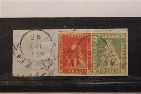 TOSCANA - 1859, 1 cr. carminio (12) + 2 cr. verde grigio giallastro (13b) su...
