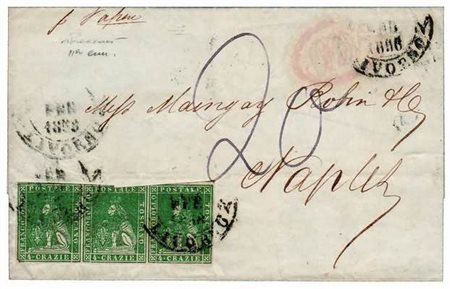 TOSCANA - 1858, 4 cr. verde (14) striscia di 3 difettosa in alto su lettera...