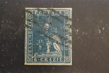 TOSCANA - 1857, 6 crazie azzurro (15) ben marginato. (Donnini).(USATO)
