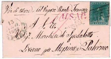 TOSCANA - 1858, 6 cr. azzurro vivo (15a) su lettera da Livorno per Palermo,...