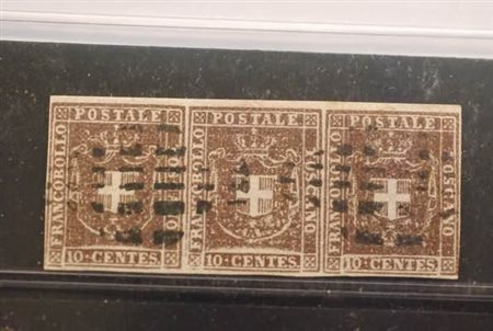 TOSCANA - 1860, Governo provvisorio, 10 c. bruno (19) in striscia di tre ben...