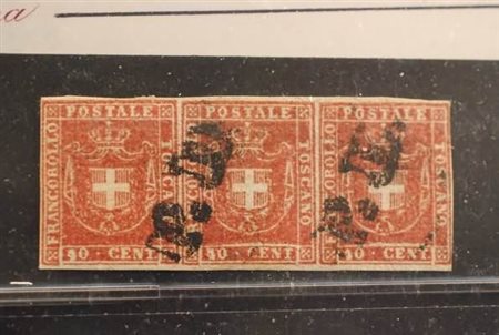 TOSCANA - 1860, Governo provvisorio, 40 c. carminio (21) striscia orizzontale...