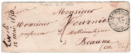 RISORGIMENTO - 1850, bustina con contenuto interno da Tivoli per la Francia,...