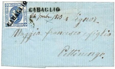 REGNO D'ITALIA ANNULLAMENTI - 1863, CARAGLIO (p.R1) lineare su 15 c.azzurro...