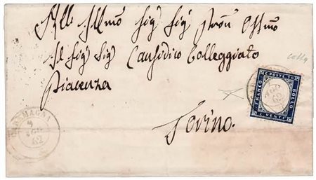 REGNO D'ITALIA ANNULLAMENTI - 1862, CARAMAGNA (p.13) su 20 c.indaco con...