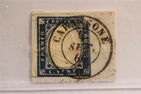 REGNO D'ITALIA ANNULLAMENTI - 1860, CARASSONE (p.13) su Sardegna 20 c. (15B)....