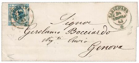 REGNO D'ITALIA ANNULLAMENTI - 1863, CARIGNANO (p.13) su 15 c.azzurro i tipo...