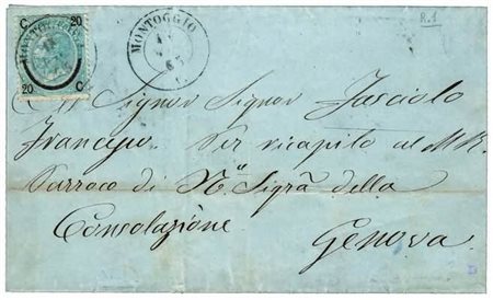 REGNO D'ITALIA ANNULLAMENTI - 1865, MONTOGGIO doppio cerchio (p.R1) su 20 c....