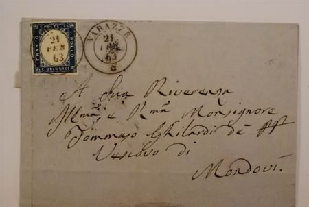 REGNO D'ITALIA ANNULLAMENTI - 1863, VARAZZE (p.6) su 15 c.azzurro scuro (11b)...
