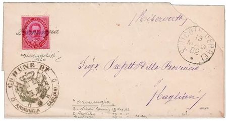 COLLETTORIE - 1882, ARMUNGIA corsivo annullatore (p.R) di 10 c. (38) su piego...