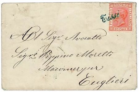 COLLETTORIE - 1879, TISSI corsivo verde azzurro (p.12) su 20 c. (28) su...