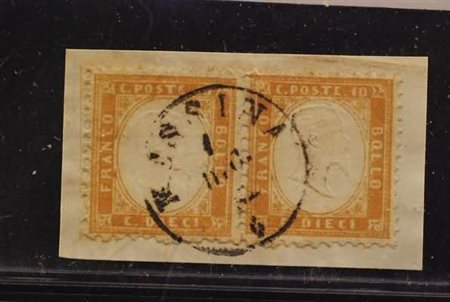 REGNO D'ITALIA - 1862, 10 c.bistro giallastro (1) in coppia su piccolo...