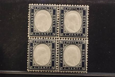 REGNO D'ITALIA - 1862, 20 c. indaco (2) quartina, ottima centratura.(GOMMA...