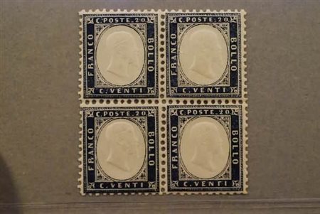 REGNO D'ITALIA - 1862, 20 c. indaco chiaro (2b) quartina, ben centrato.(GOMMA...