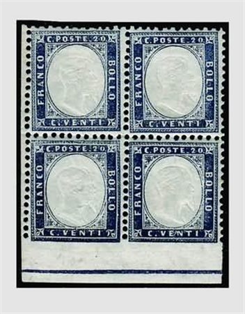 REGNO D'ITALIA - 1862, 20 c. indaco chiaro quartina (3 integri) di cui i due...