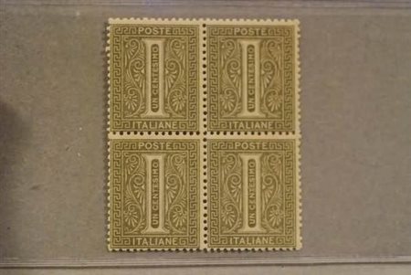 REGNO D'ITALIA - 1866, 1 c. verde oliva (T14) quartina.(GOMMA INTEGRA)