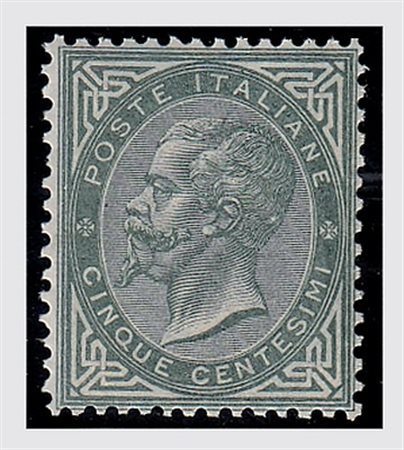 REGNO D'ITALIA - 1863, Tiratura di Torino, 5 c.verde grigio (T16)...