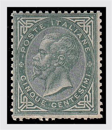 REGNO D'ITALIA - 1863, Tiratura di Torino, 5 c.verde grigio (T16) fresco e...