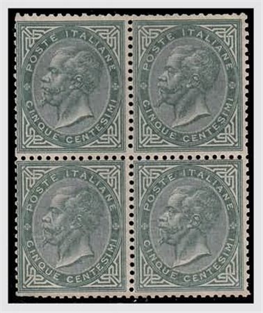REGNO D'ITALIA - 1863, Tiratura di Torino, 5 c.verde grigio (T16) blocco di...