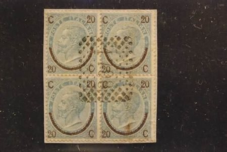 REGNO D'ITALIA - 1865, 20 c. su 15 c. I tipo (23) blocco di quattro su...