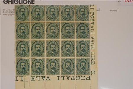 REGNO D'ITALIA - 1879, Umberto I, 5 c. (37) blocco di 20, angolo di...