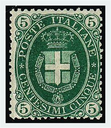 REGNO D'ITALIA - 1889, Umberto I, stemma su sfondo scuro, 5 c. verde scuro...