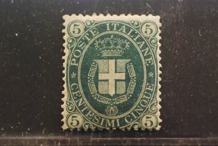 REGNO D'ITALIA - 1889, Umberto I, stemma su sfondo scuro, 5 c. verde scuro...