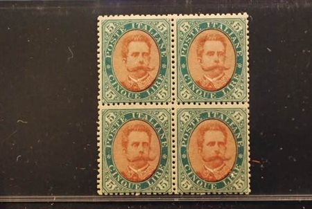 REGNO D'ITALIA - 1889, Umberto I 5 lire verde e carminio (49) quartina.(GOMMA...