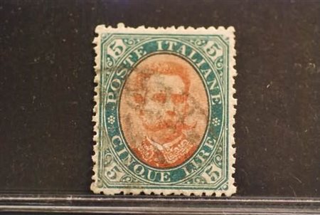 REGNO D'ITALIA - 1889, Umberto I, 5 lire verde e carminio (49). (Cert. G....