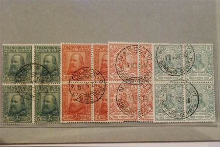 REGNO D'ITALIA - 1910, Garibaldi, 4 valori cpl. (87/90) in quartine timbrate....