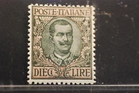 REGNO D'ITALIA - 1910, Floreale, 10 lire oliva e rosa (91).(GOMMA INTEGRA)