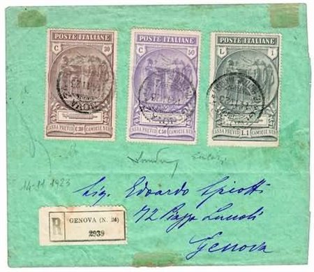 REGNO D'ITALIA - 1923, Camicie nere 3 valori cpl. (147/49) su raccomandata da...