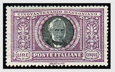 REGNO D'ITALIA - 1923, Manzoni, 5 lire (156) fresco e ben centrato. (Cert....