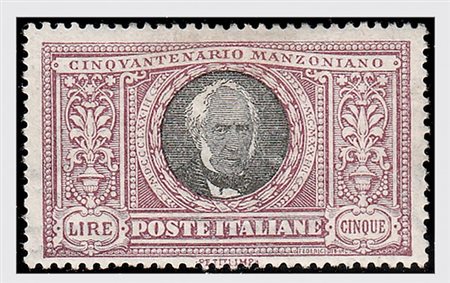 REGNO D'ITALIA - 1923, Manzoni, 5 lire (156). (Cert. R. Diena).(GOMMA INTEGRA)