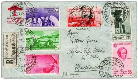 REGNO D'ITALIA - 1935, raccomandata aerea da Genova a Montevideo il 17/12/35...