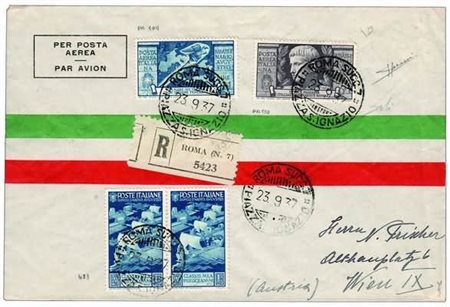 REGNO D'ITALIA - 1937, Posta aerea, Augusto 5 lire + 1 lira (110) + (109) +...