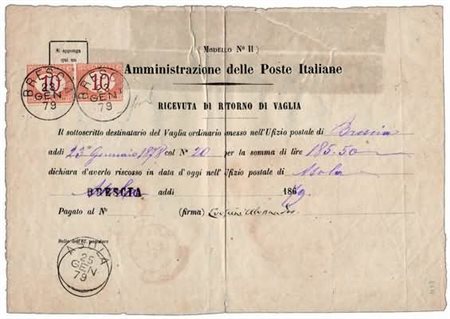 REGNO D'ITALIA - 1879, Segnatasse, ricevuta di ritorno di vaglia spedita da...
