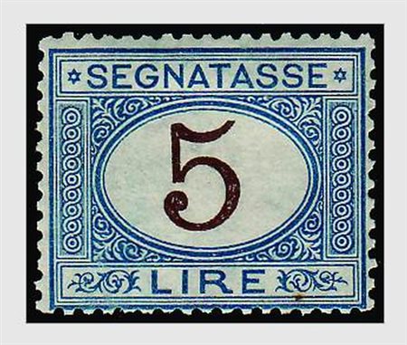 REGNO D'ITALIA - 1874, Segnatasse, 5 lire azzurro e bruno (13) discreta...