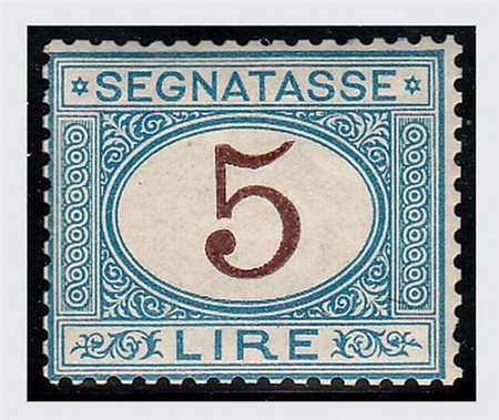 REGNO D'ITALIA - 1874, Segnatasse, 5 lire azzurro e bruno (13) discreta...