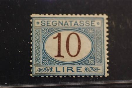 REGNO D'ITALIA - 1874, Segnatasse, 10 lire azzurro e bruno (14) senza gomma,...