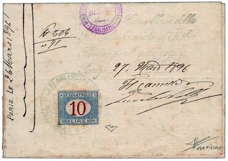 REGNO D'ITALIA - 1896, Segnatasse, 10 lire azzurro e carminio (28) su...