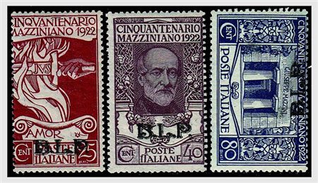 REGNO D'ITALIA - 1922, BLP, non emessi, Mazzini 3 valori cpl. (26/28) il...